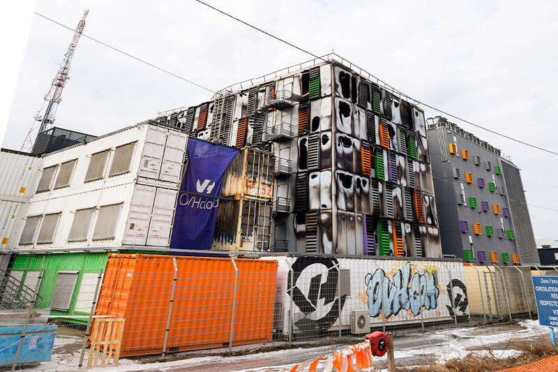Side view of burnt remains of the large data center - Millions of websites offline after fire at French cloud services firm OVH Cloud in Strasbourg France